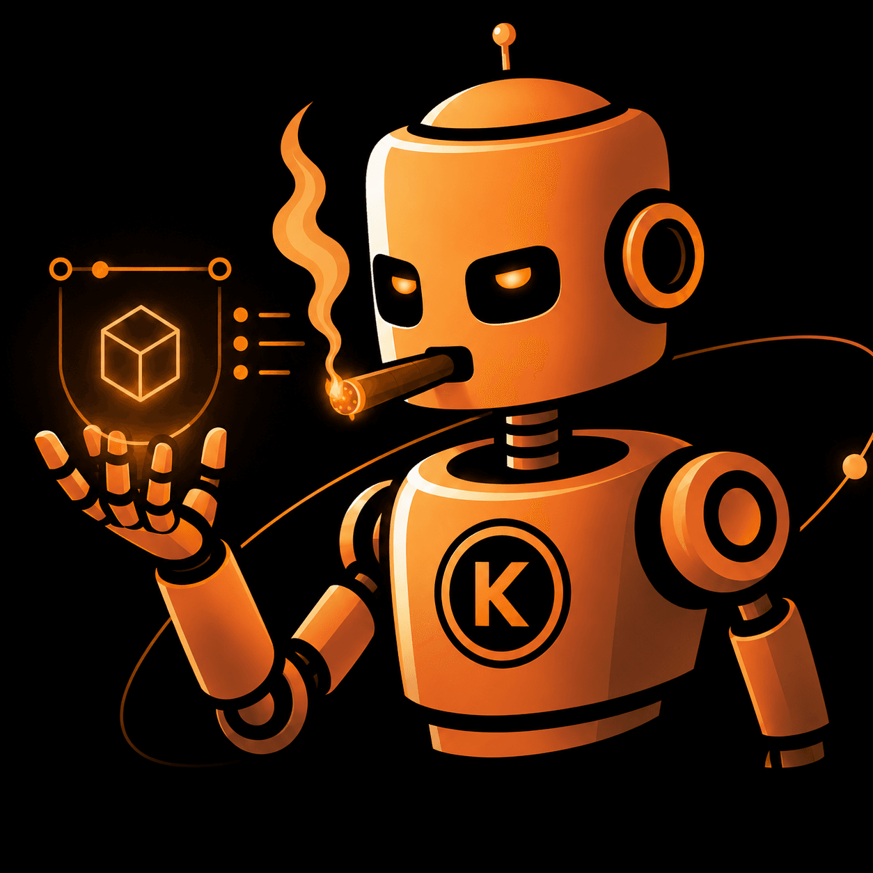 Katalyst AI mascot — confident automation robot holding a data hologram
